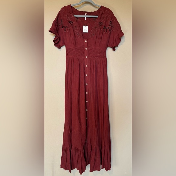 Free People Embroidered Button Down Maxi Dress Cinnamon Brown NWT Small - Picture 2 of 7